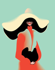 vector illustration of a beautiful fashion art style woman in red dress, big hat, with a black bag holding in hands. 