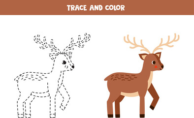 Trace and color cartoon brown deer. Worksheet for children.