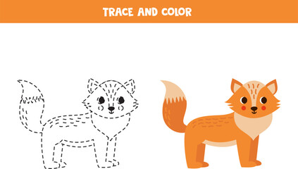Trace and color cartoon red fox. Worksheet for children.