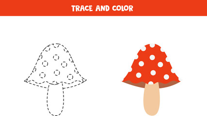 Trace and color cartoon red fly agaric. Worksheet for children.