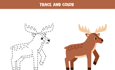 Trace and color cartoon brown moose. Worksheet for children.