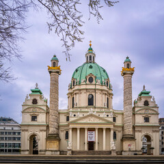 Fototapeta na wymiar St. Charles Church or Karlskirche, a Baroque church on the south side of Karlsplatz in Vienna, Austria