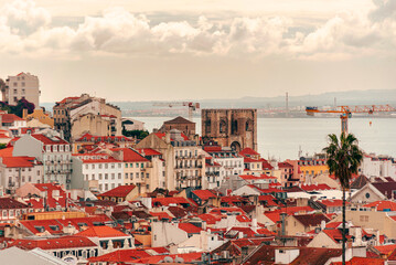 Lisbon cityscape panorama caslte sao jorge Portugal, beautiful European city summer, colored houses...