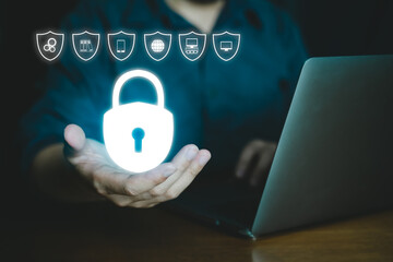 Concept of security data network, Prevent online identity theft, user and password login on visual screen, data security protection.