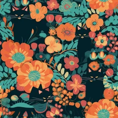 Meubelstickers Beautiful flowers with cats tile pattern for cloth and wallpaper made with generative ai. © Sevendeman
