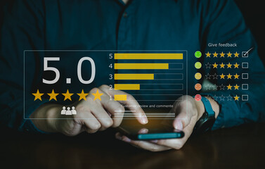 Customer review good rating concept, customer review by five star feedback, positive customer...