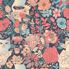 Beautiful flowers with cats tile pattern for cloth and wallpaper made with generative ai.