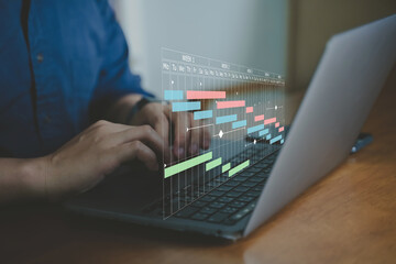 Business people check schedule on table in visual screen, meeting table schedule, business table, working table, online schedule.