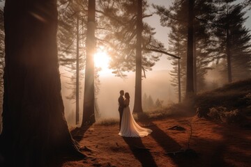 Wedding silhouette couple posing on sunset in beautiful forest at wedding day. Bride and groom in love. Non-existent person. Generative Ai.