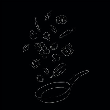 Sketch of hand drawn outlines of a frying pan and vegetables, vegetables hung in the air, white image on a black background, cooking