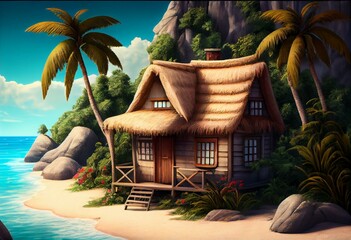 A beachside cottage or beach hut. hut, wooden house on heaps, palm palms, and rocks make up an island resort. Cartoon seaside scenery, 2d background, and thatched roofed cottage a. Generative AI - obrazy, fototapety, plakaty