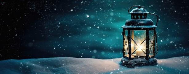 Large vintage white street lamp standing on the snow. Festive Christmas winter decoration. Copy space. Generative Ai.