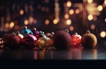 Close up view of beautiful with shiny gold bauble or ball, xmas ornaments and lights, christmas holidays background. Generative Ai.