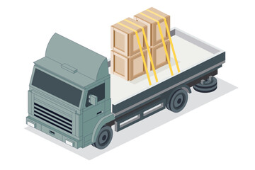 Isometric Flatbed Cargo Truck with Boxes. Commercial Transport. Logistics. City Object for Infographics. Car for Carriage of Goods. Front View.