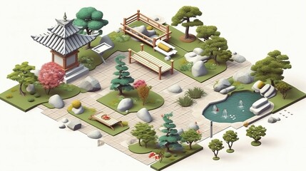 collection of low poly isometric park with white background
