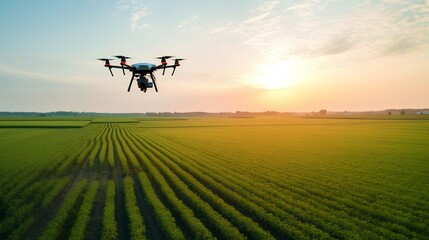 Drone monitoring crops and smart agriculture in a digital farming. Generative AI - obrazy, fototapety, plakaty