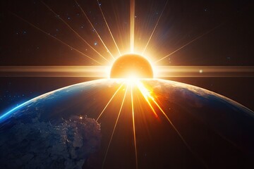 a close-up of the sun peeking over the horizon, casting its golden rays across a blue globe, created with generative ai