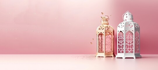  lantern and  mosque islamic banner with generative AI