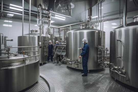 inside a processing plant, with workers carrying out various extraction and refining processes, created with generative ai