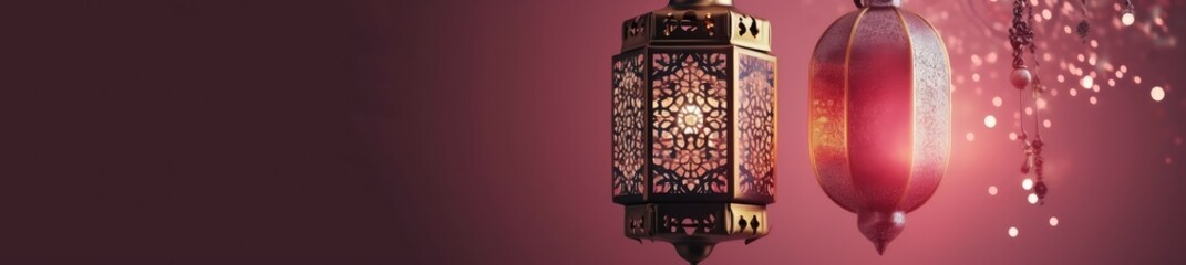  lantern and  mosque islamic banner with generative AI
