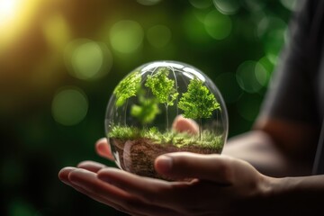 Hands protecting globe of green tree on tropical nature summer background, Ecology and Environment concept. Generative Ai.
