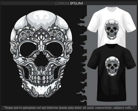 Monochrome color skull head mandala arts isolated on black and white t shirt.