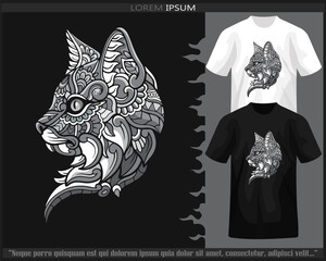 Monochrome color cat head mandala arts isolated on black and white t shirt.