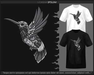 Monochrome color humming bird mandala arts isolated on black and white t shirt.