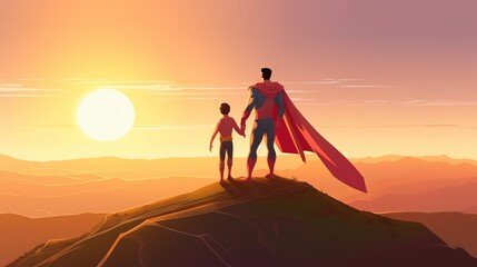 Father's day - illustration of father in superhero costume with his child, Generative ai