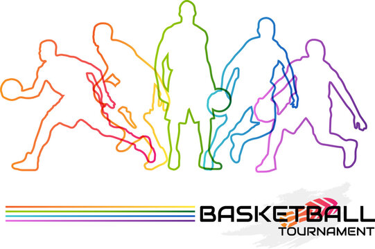 Basketball tournament poster with rainbow players sihouette. Vector sport concept for promotion game design.