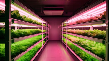 Vertical farming in an indoor agriculture setting using hydroponics, energy-efficient LED lights, and automated systems for enhanced productivity. Generative AI