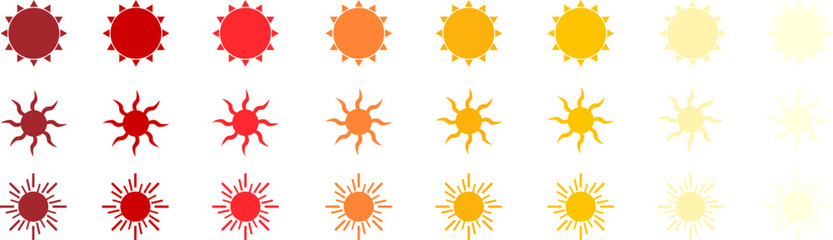 Sun icon set. Vector flat design. Collection of sun stars for use in as logo or weather icon. Yellow suns circles, bright natural lighting objects.