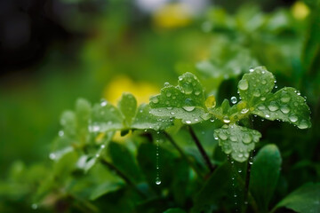 Water droplets on the leaves of a green plant in the garden