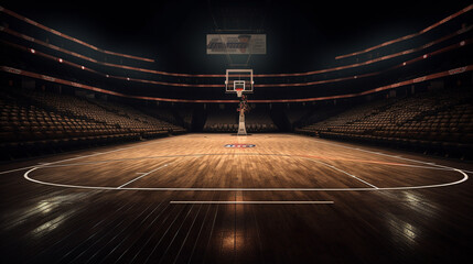 3D rendering of an empty basketball court with lights on the floor - obrazy, fototapety, plakaty