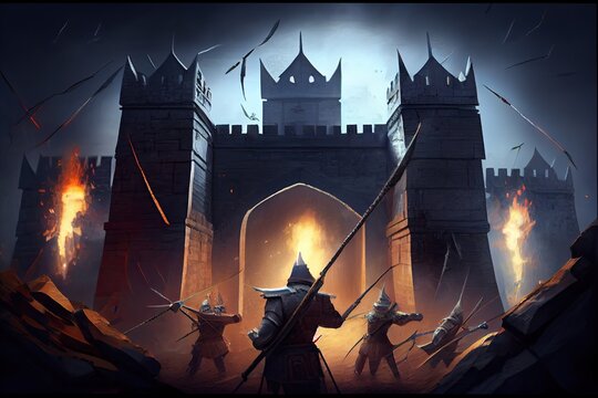 storming a medieval fortress with battlements and arrow slits, the defenders preparing for the onslaught, created with generative ai