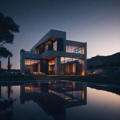 Fototapeta premium Modern villa and a luxurious infinity pool, photorealistic generative AI illustration