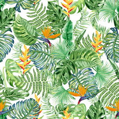 Fototapeta na wymiar Tropical leaves and flowers watercolor seamless pattern. Exotic jungle plants endless background for wallpaper and fabric. Hawaiian hand drawn backdrop style.