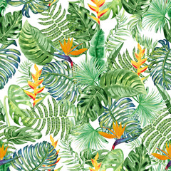 Tropical leaves and flowers watercolor seamless pattern. Exotic jungle plants endless background for wallpaper and fabric. Hawaiian hand drawn backdrop style.