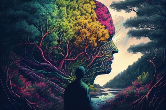 person, surrounded by social stigma and misconceptions of mental illness, finds solace in nature, created with generative ai