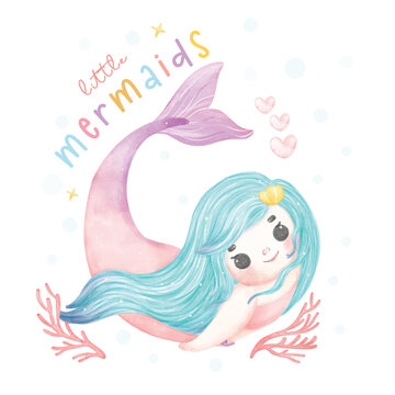 Cute sweet colorful pastel watercolor happy joyful little mermaid aqua blue hair, whimsical adorable children cartoon character hand painting illustration