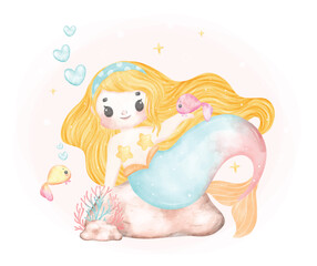 Naklejka na ściany i meble Cute sweet colorful pastel watercolor happy joyful little mermaid with fishes friends, whimsical adorable children cartoon character hand painting illustration