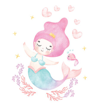 Cute sweet colorful pastel watercolor happy joyful little mermaid purple hair, whimsical adorable children cartoon character hand painting illustration