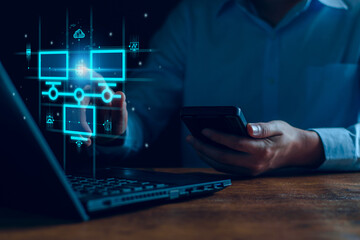 Smart data exchange technology, Data transfer, Cloud network connects to internet server of business. Online data storage and cyber security. Cloud syncing technology. Cloud computing internet network