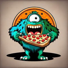 monster eating pizza - obrazy, fototapety, plakaty