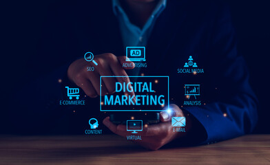 Digital marketing internet advertising and sales increase business technology concept. Businessman access online marketing, business, E commerce, Business online, global marketing online network.
