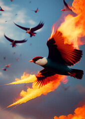 The fantasy burning flying birds in the sky. Generative artificial intelligence tools.