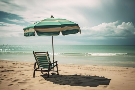 Beach Chair and Umbrella on Sunny Seaside. Travel Concept with Copy Space