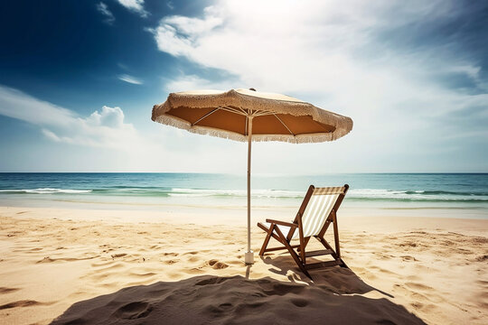 Beach Chair and Umbrella on Sunny Seaside. Travel Concept with Copy Space