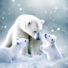 Obraz na płótnie Canvas Polar bear mom playing with little cubs, generative AI