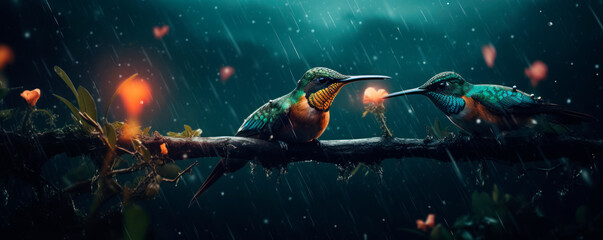Obraz na płótnie Canvas Pair of hummingbirds sitting on branch in rainy tropic forest.